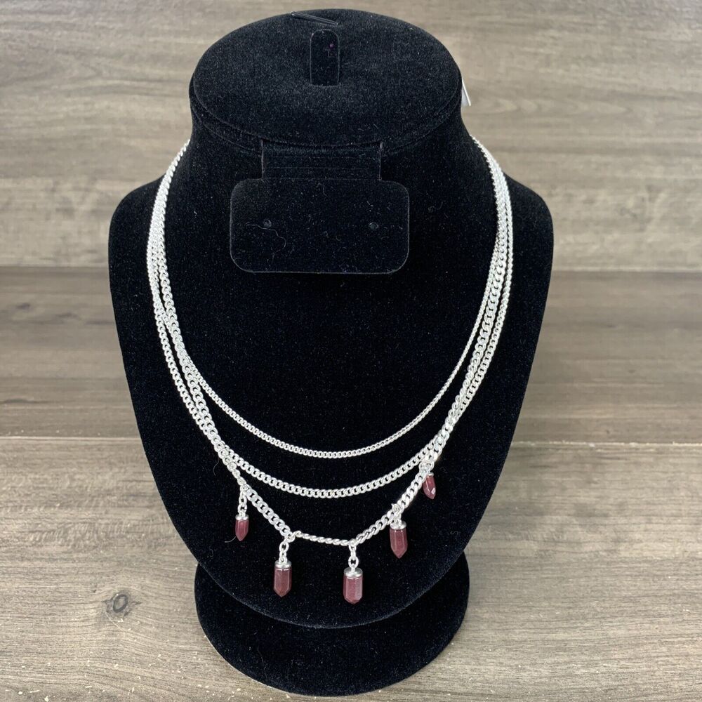Lucky Brand Silver Tone Multi Layered Chain Necklace Drop Red Gem Pendant Chain